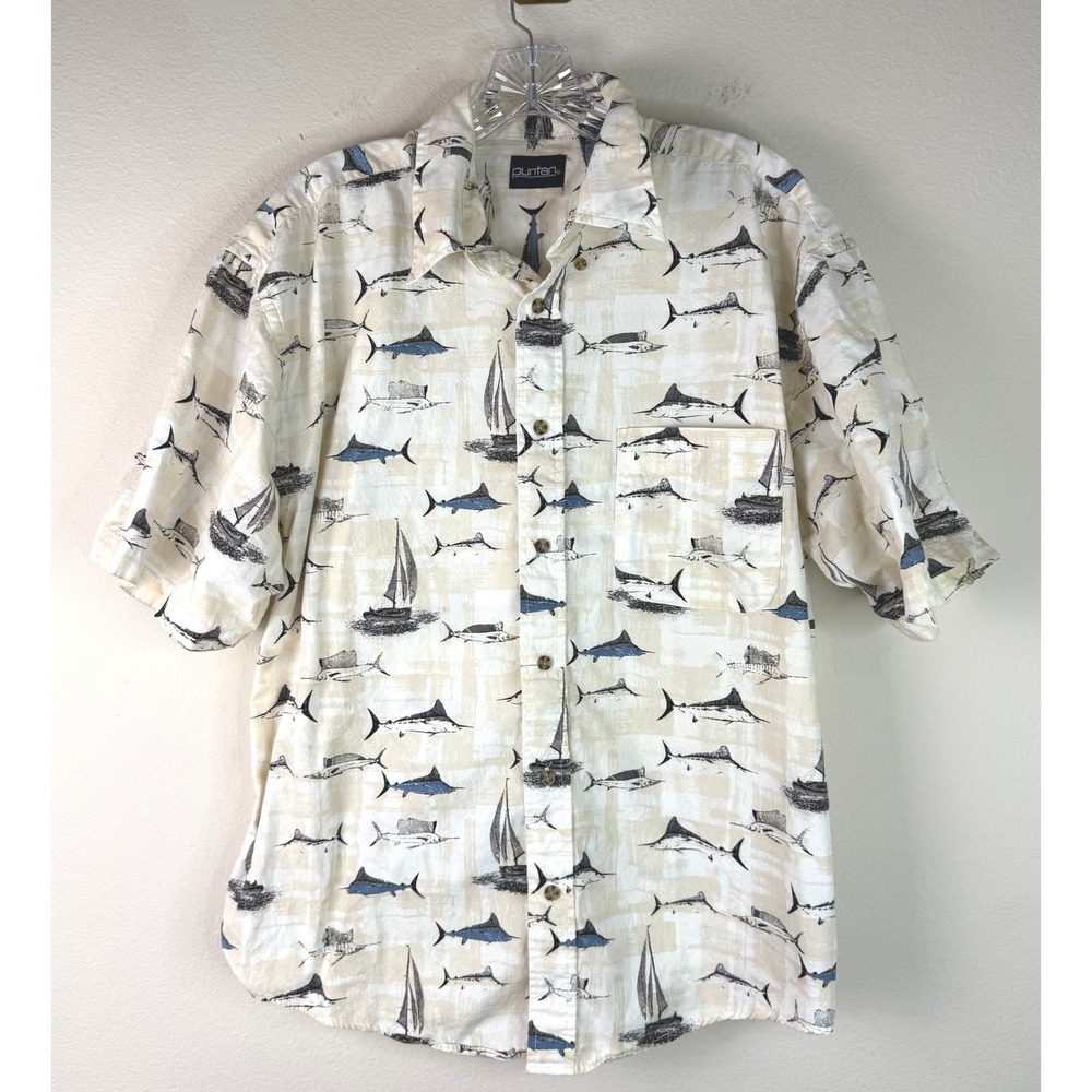 Puritan Button Up Shirt Mens Large Beige Marlin Sailboat Nautical Short Sleeve